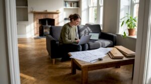 Homeowner working in living room with chevron flooring
