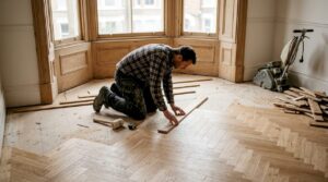 Installer laying herringbone floor in living room