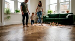 Family walks on herringbone flooring in Glasgow home