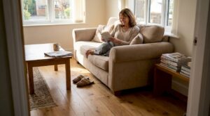 Homeowner reading in wood-floored living room