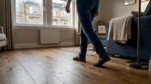 Person walking on engineered wood floor in Glasgow lounge