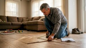 Installer checks uneven wood floor seam