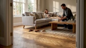 Modern living room with herringbone parquet flooring