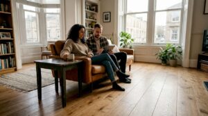 Living room with wide plank flooring, couple relaxing