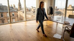 Manager walking across office hardwood flooring