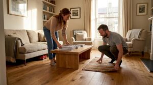 Couple arranging furniture on elegant wood floors