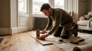 Installer fitting wood planks in lived-in living room