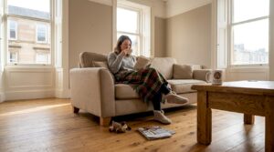 Glasgow living room with wood flooring