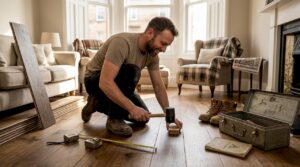 Installer fitting wood floor in bright home
