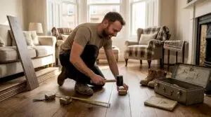 Installer fitting wood floor in bright home