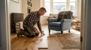 Homeowner installing plank flooring in living room