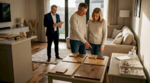 Couple reviewing wood flooring samples in Glasgow showroom