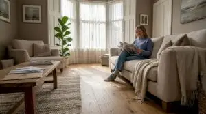 Homeowner reading in wood floor living room