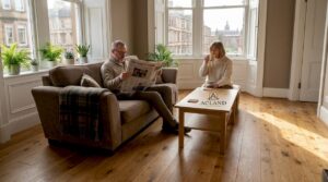 Couple relaxing in Glasgow home with wood floors