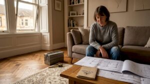 Homeowner reviewing herringbone wood flooring plan