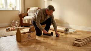 Specialist installing hardwood floor in family living room