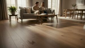 Couple in living room with modern wood floors