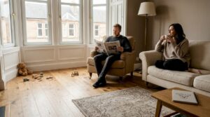 Sunny living room with engineered wood flooring