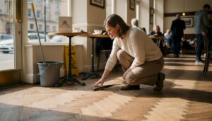 Manager inspecting commercial wood floor in restaurant
