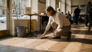 Manager inspecting commercial wood floor in restaurant