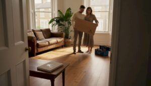 Couple comparing wood flooring in home