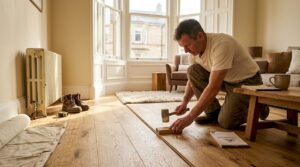 Installer aligning wood planks in sunlit living room