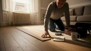 Homeowner inspecting wooden floor quality