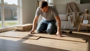 Installer fitting engineered wood planks in living room