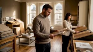 Homeowner examining wood plank samples in showroom