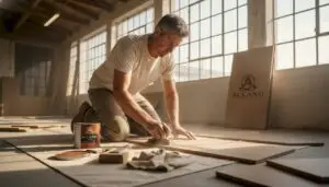 Installer sanding unfinished wood floor in sunlit room