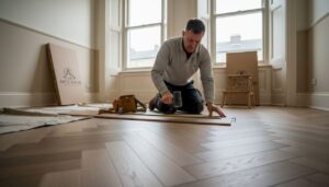 Installer acclimatising wood flooring in Glasgow flat