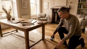 Flooring specialist testing floor in Glasgow living room