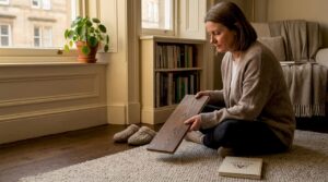 Homeowner comparing wood flooring sample