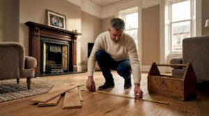 Homeowner checks oak flooring installation