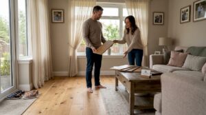 Couple examining wood flooring samples in home