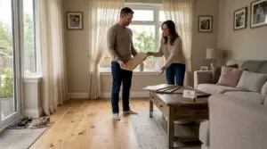 Couple examining wood flooring samples in home