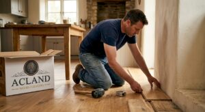 Homeowner installing wood floor planks in living room