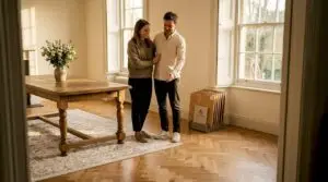 Couple admiring herringbone wood floor