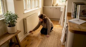 Person inspecting wood floor in sunny living room
