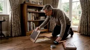 Homeowner inspects engineered wood floor heating