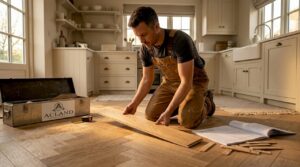 Flooring installer working on luxury wood floor in upscale living room