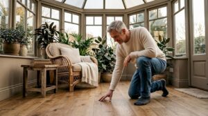 Homeowner inspecting multi-ply wood floor