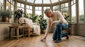 Homeowner inspecting multi-ply wood floor