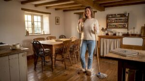 Woman in living room with worn floors