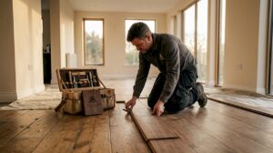 Installer laying artisan oak wood flooring