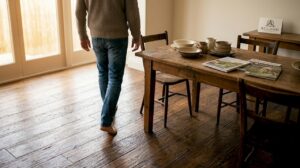 Homeowner walking on wood floor in sunlight
