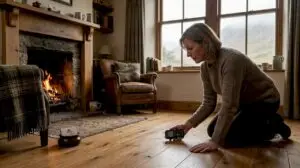 Scottish homeowner checking wood floor moisture