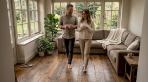 Homeowners walking on reclaimed wood floor