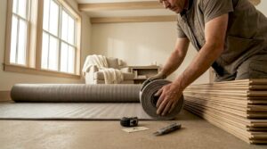 Hands installing wood floor underlay beneath hardwood