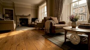 Living room featuring natural wood flooring in Scottish home